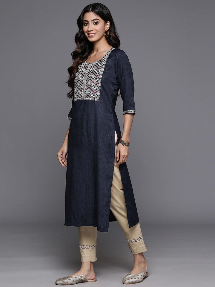Navy Yoke Design Rayon Straight Kurta