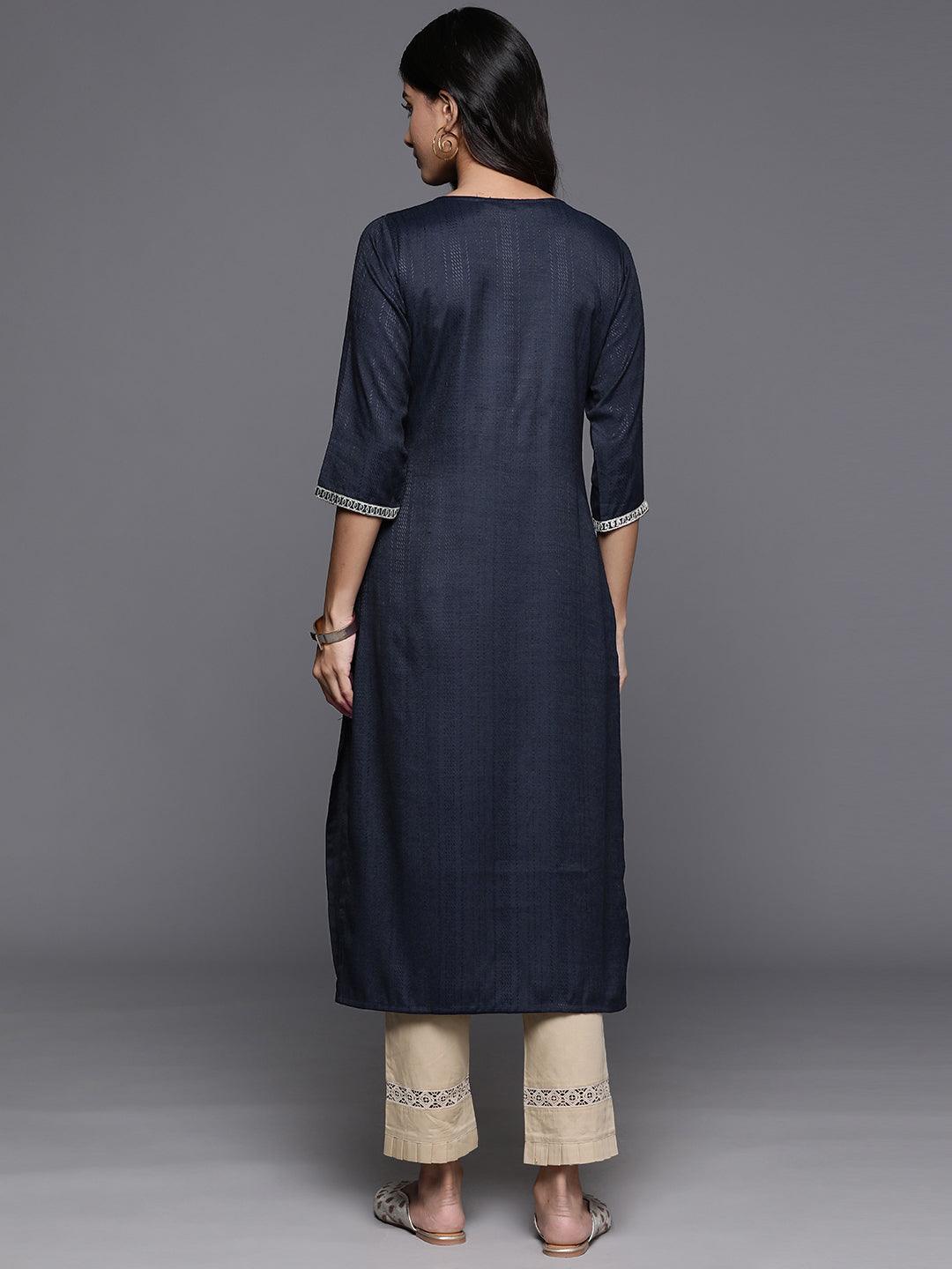 Navy Yoke Design Rayon Straight Kurta - ShopLibas