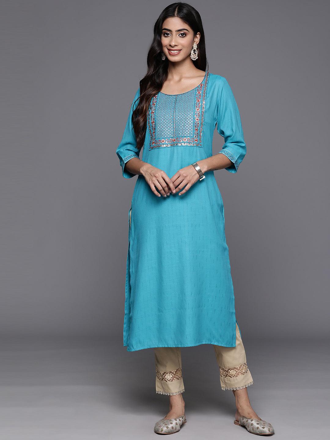 Blue Yoke Design Rayon Straight Kurta - ShopLibas