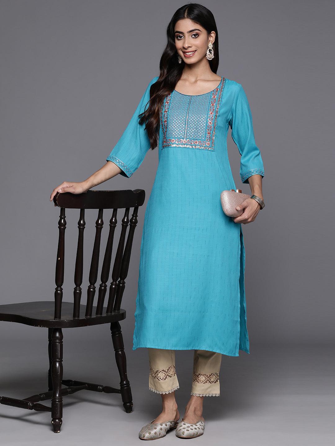 Blue Yoke Design Rayon Straight Kurta - ShopLibas