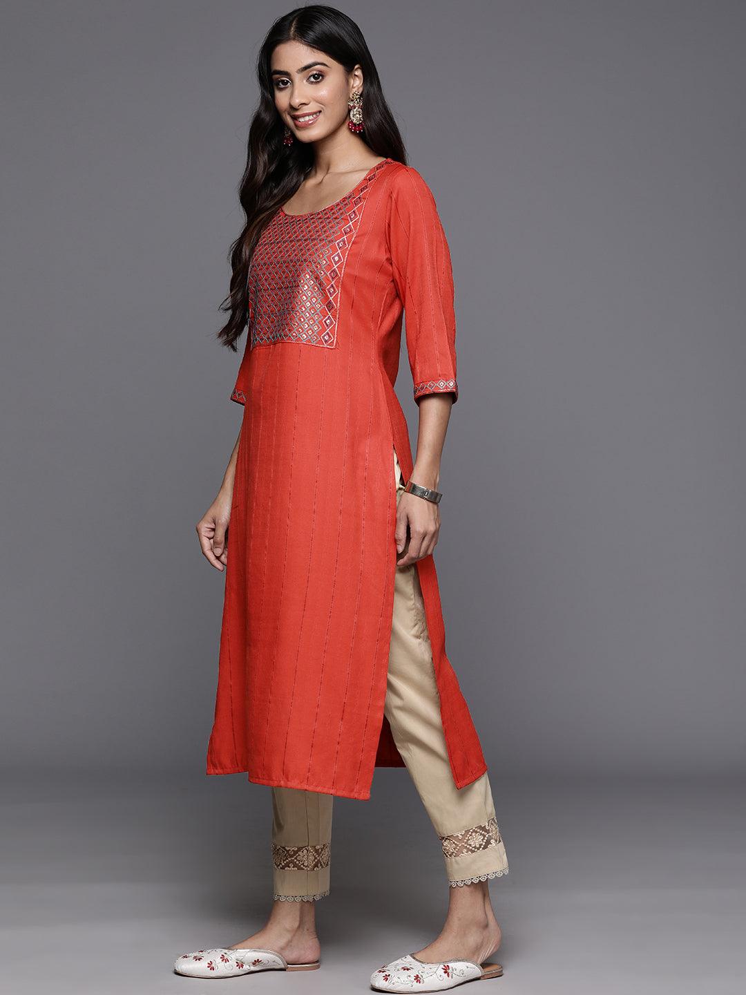 Rust Yoke Design Rayon Straight Kurta - ShopLibas