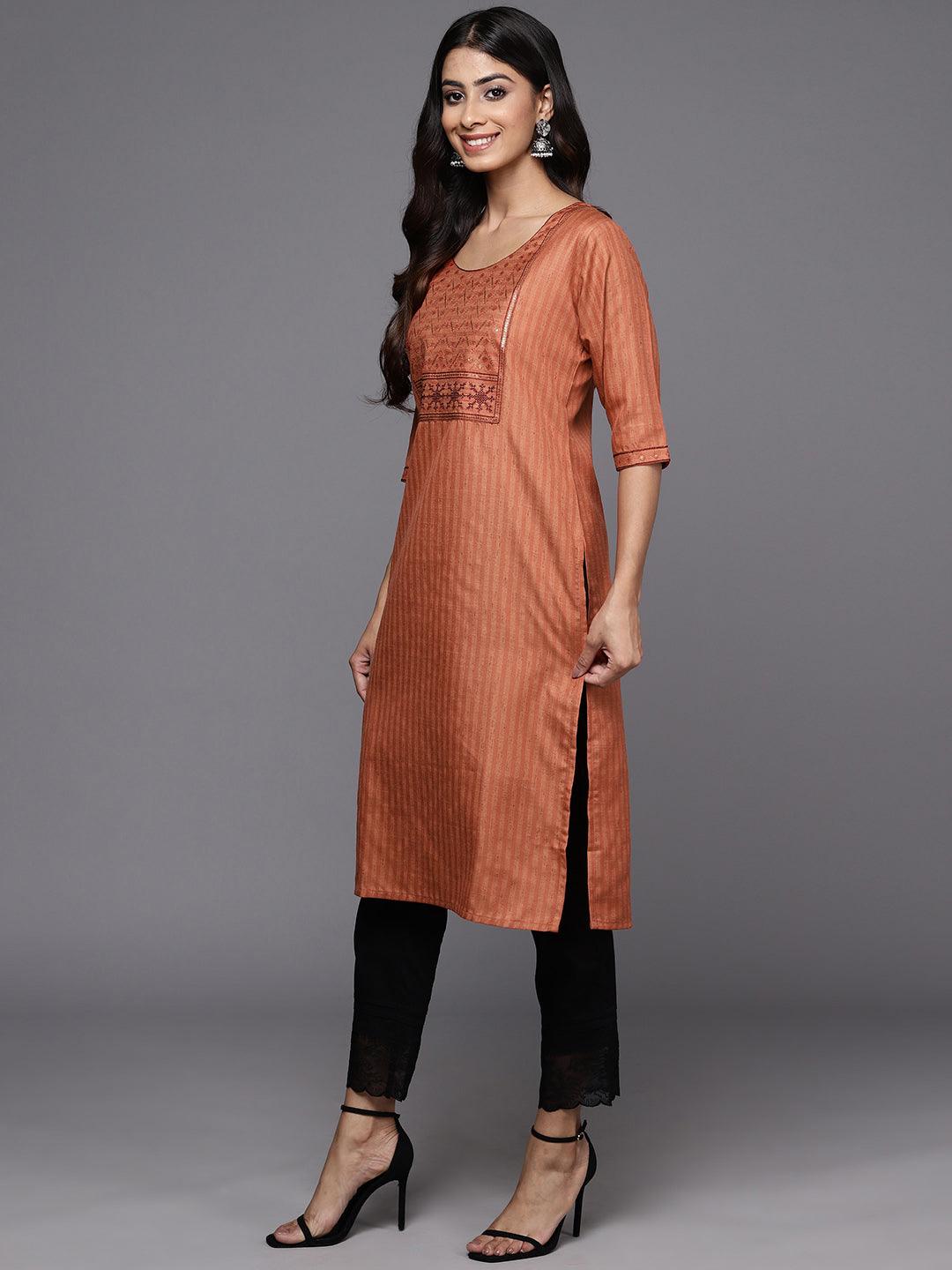 Rust Yoke Design Cotton Straight Kurta - ShopLibas