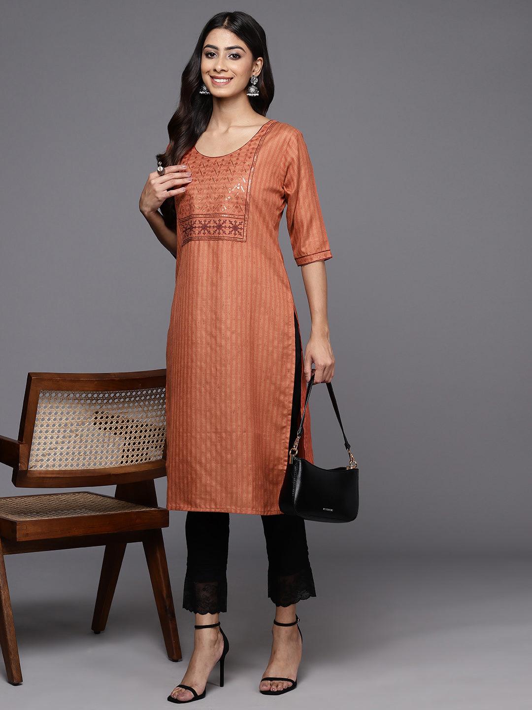 Rust Yoke Design Cotton Straight Kurta - ShopLibas