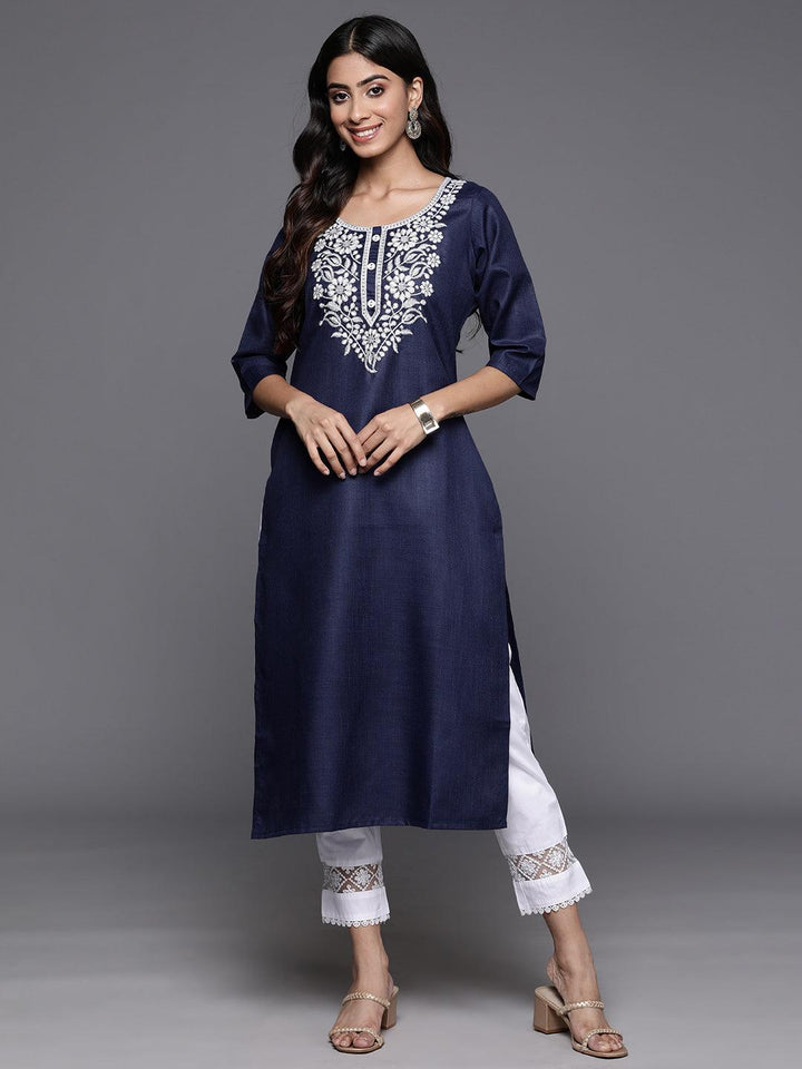 Navy Yoke Design Cotton Straight Kurta