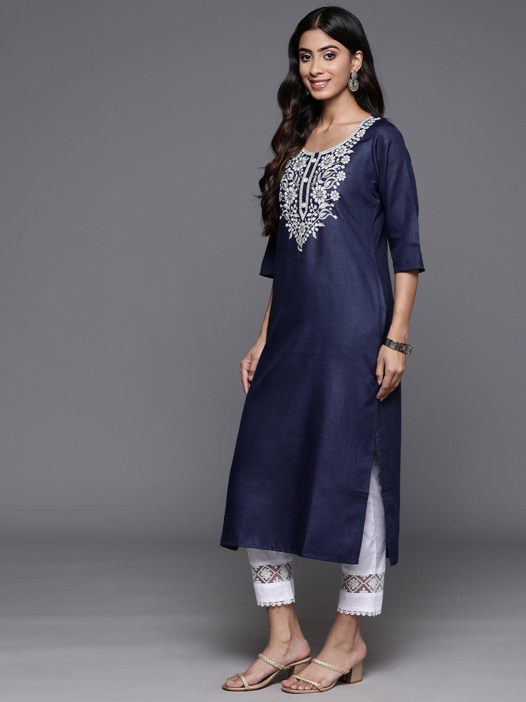 Navy Yoke Design Cotton Straight Kurta - ShopLibas