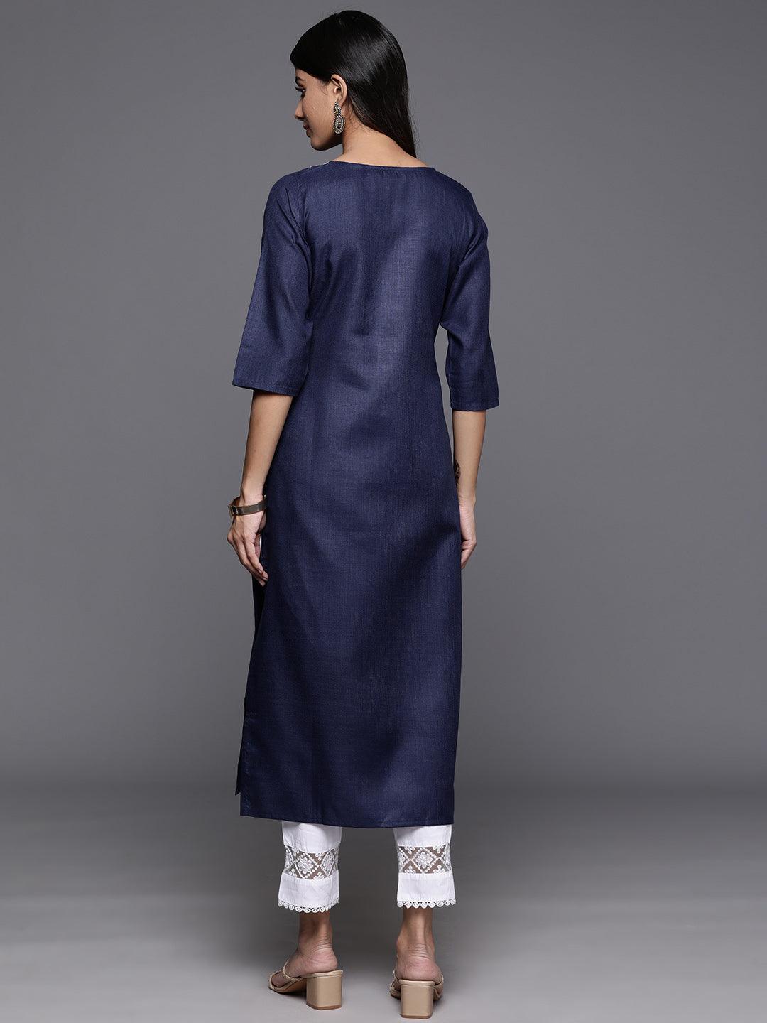 Navy Yoke Design Cotton Straight Kurta - ShopLibas