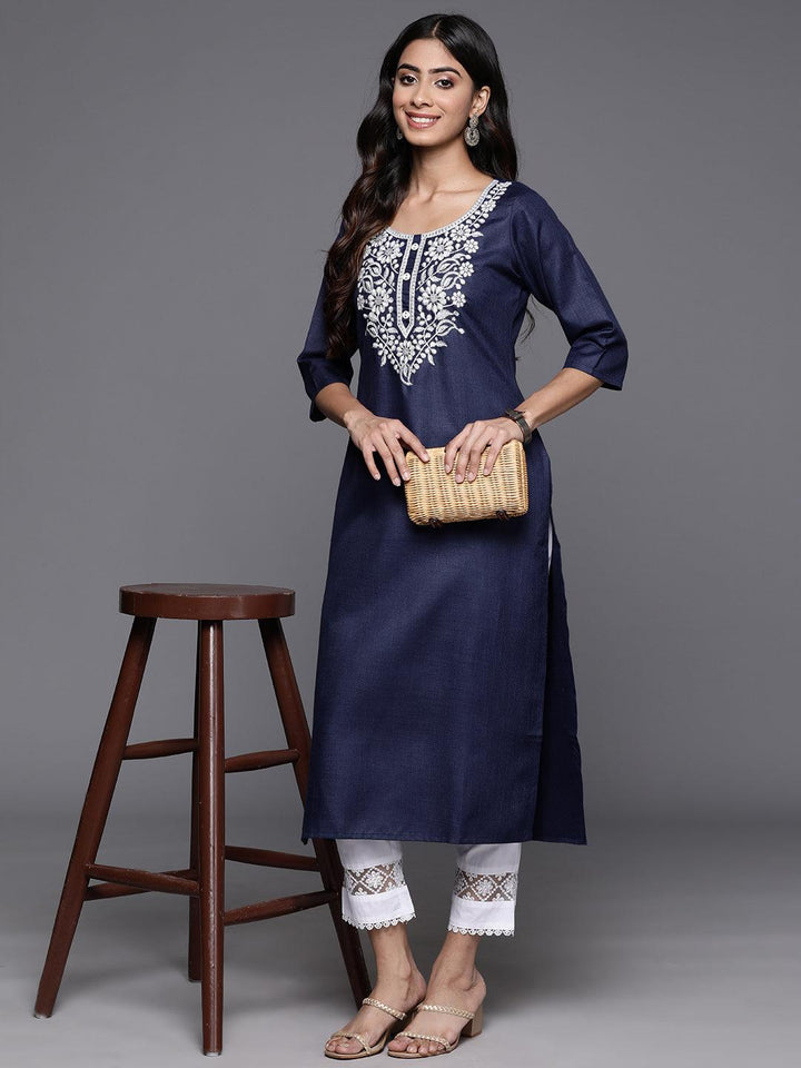 Navy Yoke Design Cotton Straight Kurta
