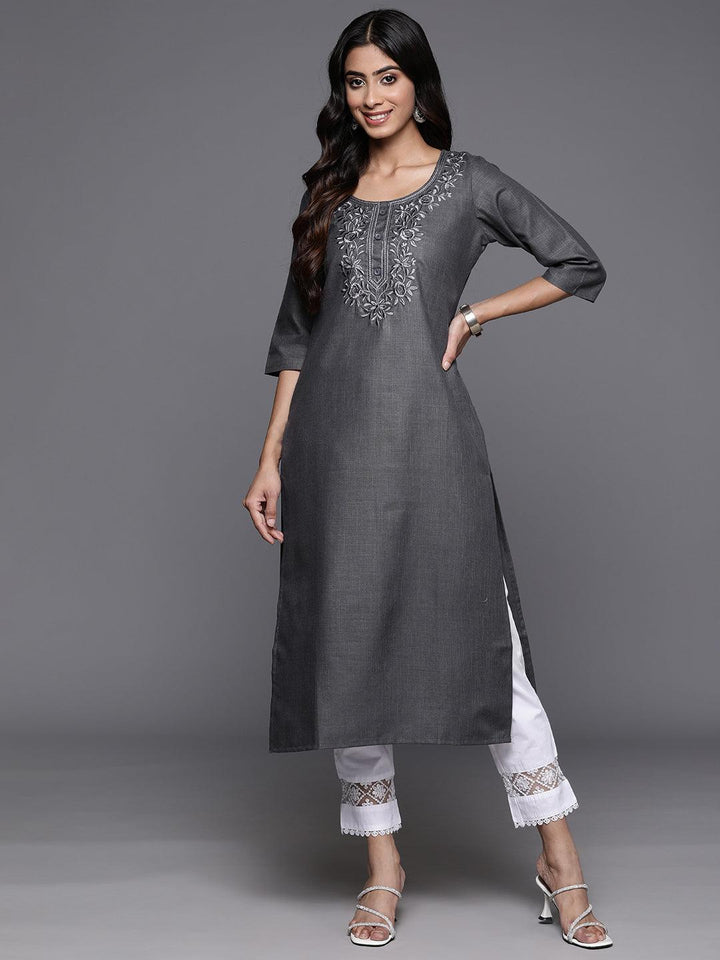 Grey Yoke Design Cotton Straight Kurta