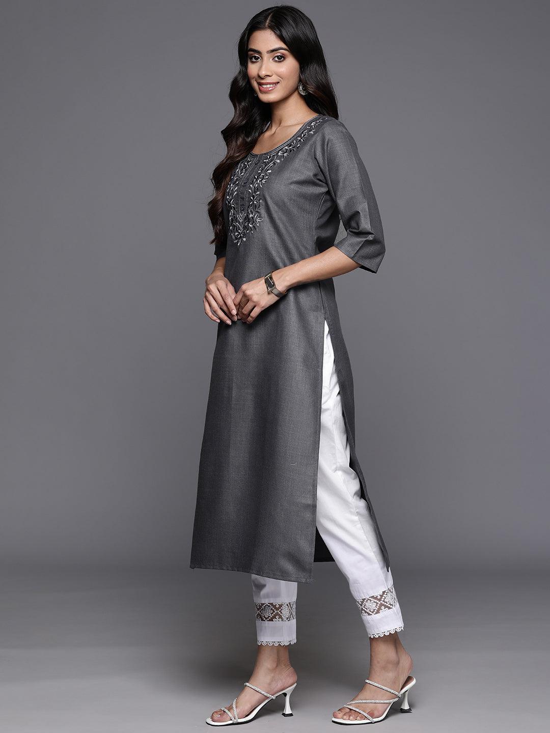 Grey Yoke Design Cotton Straight Kurta - ShopLibas