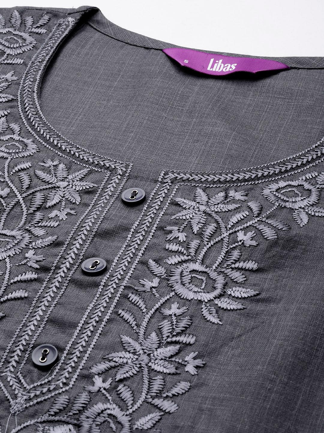 Grey Yoke Design Cotton Straight Kurta - ShopLibas