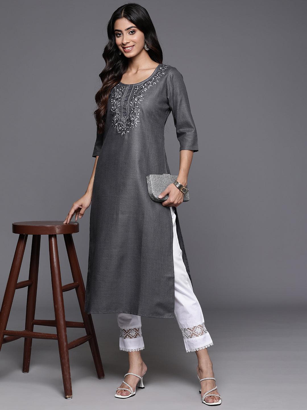 Grey Yoke Design Cotton Straight Kurta - ShopLibas