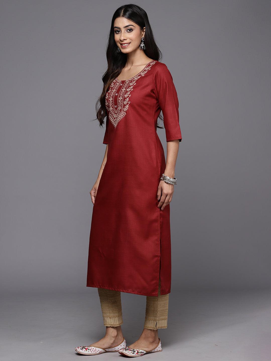 Maroon Yoke Design Cotton Straight Kurta - ShopLibas