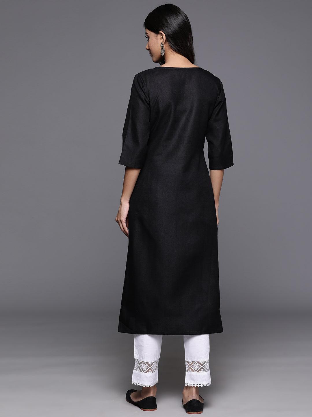 Black Yoke Design Cotton Straight Kurta - ShopLibas