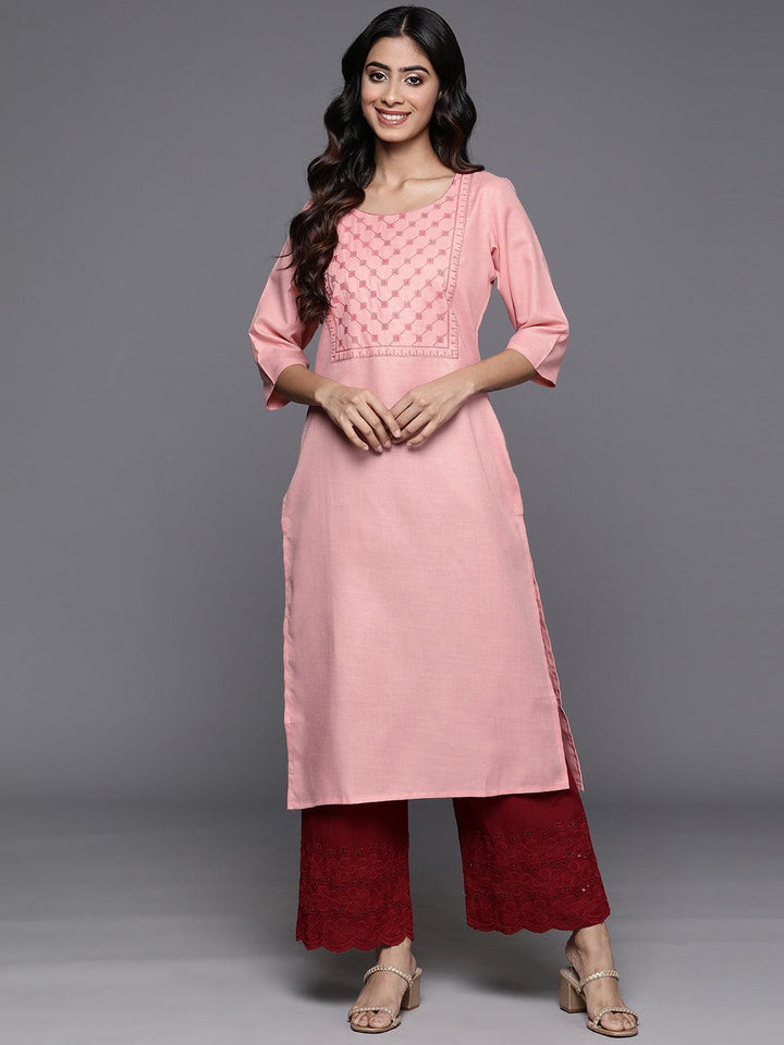 Peach Yoke Design Cotton Straight Kurta