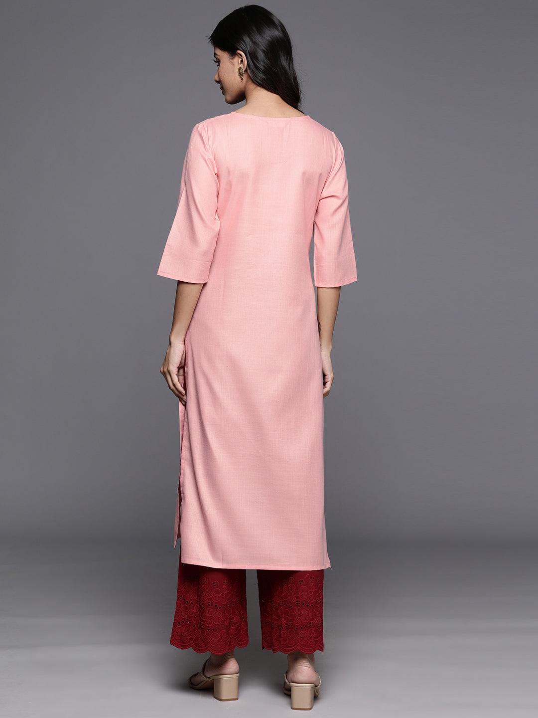 Peach Yoke Design Cotton Straight Kurta - ShopLibas