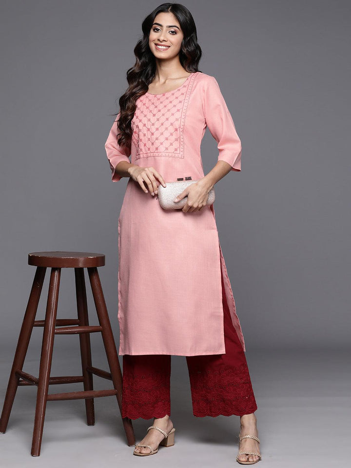 Peach Yoke Design Cotton Straight Kurta
