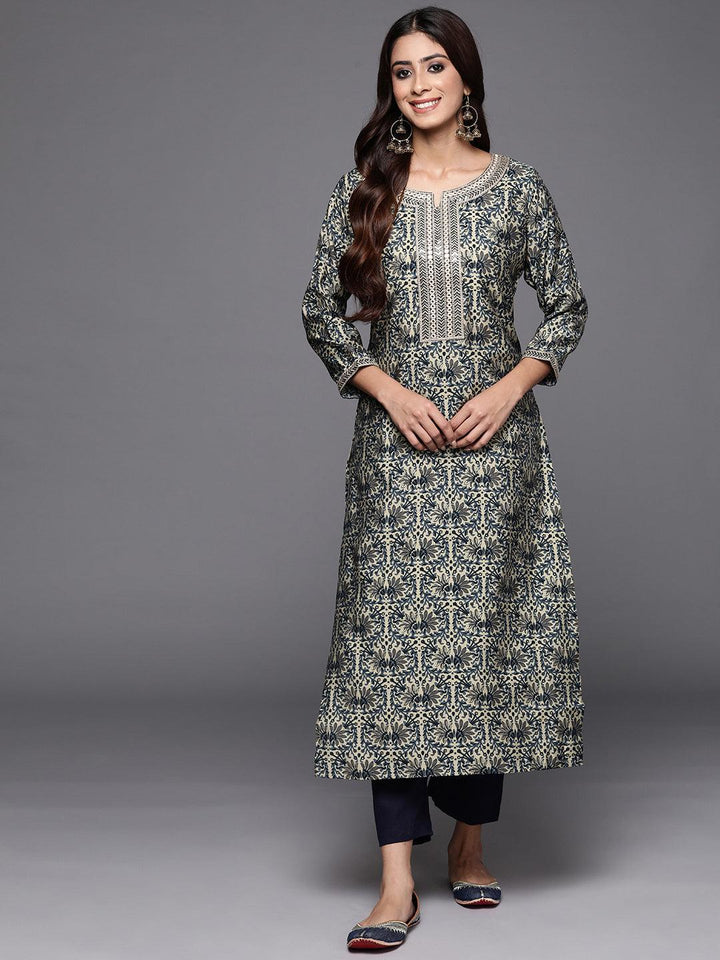 Blue Printed Silk Straight Kurta