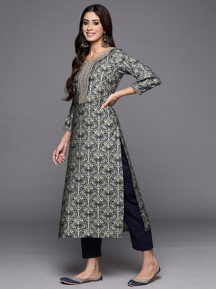 Blue Printed Silk Straight Kurta