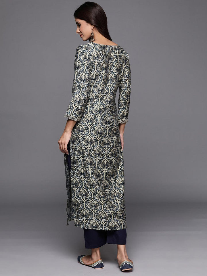 Blue Printed Silk Straight Kurta