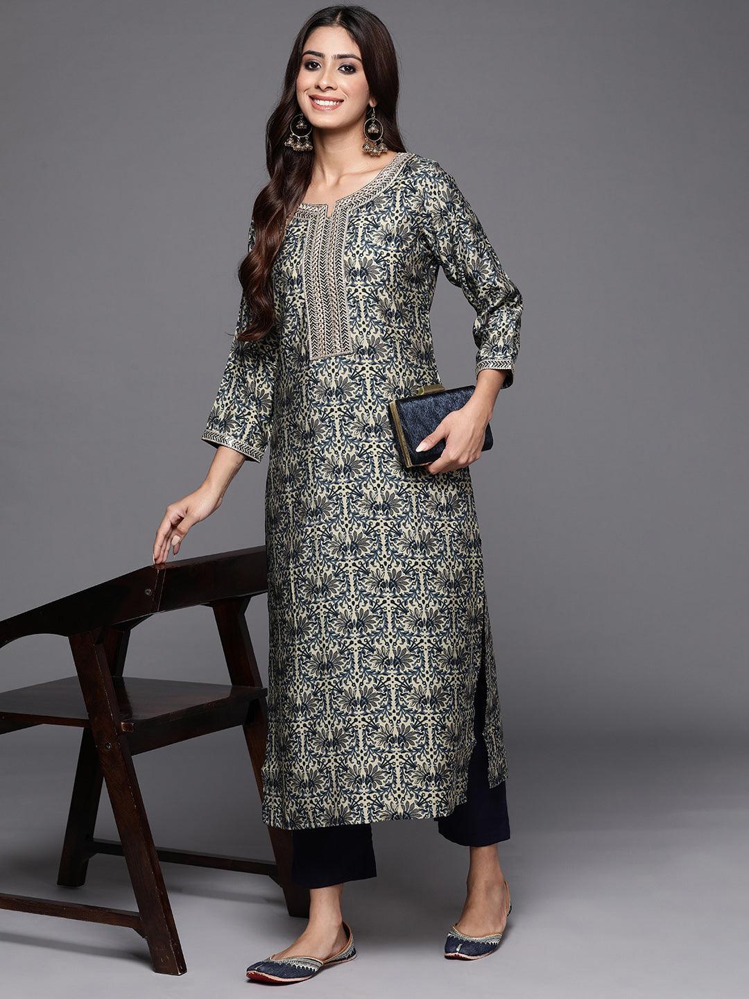 Blue Printed Silk Straight Kurta - ShopLibas