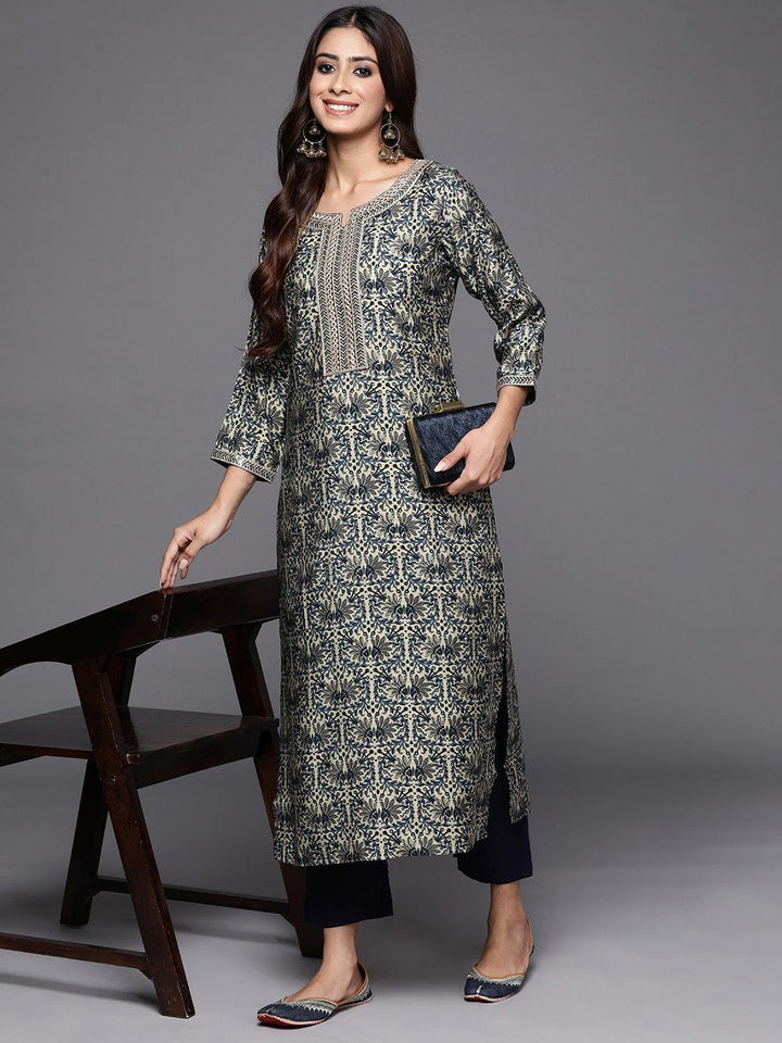 Blue Printed Silk Straight Kurta