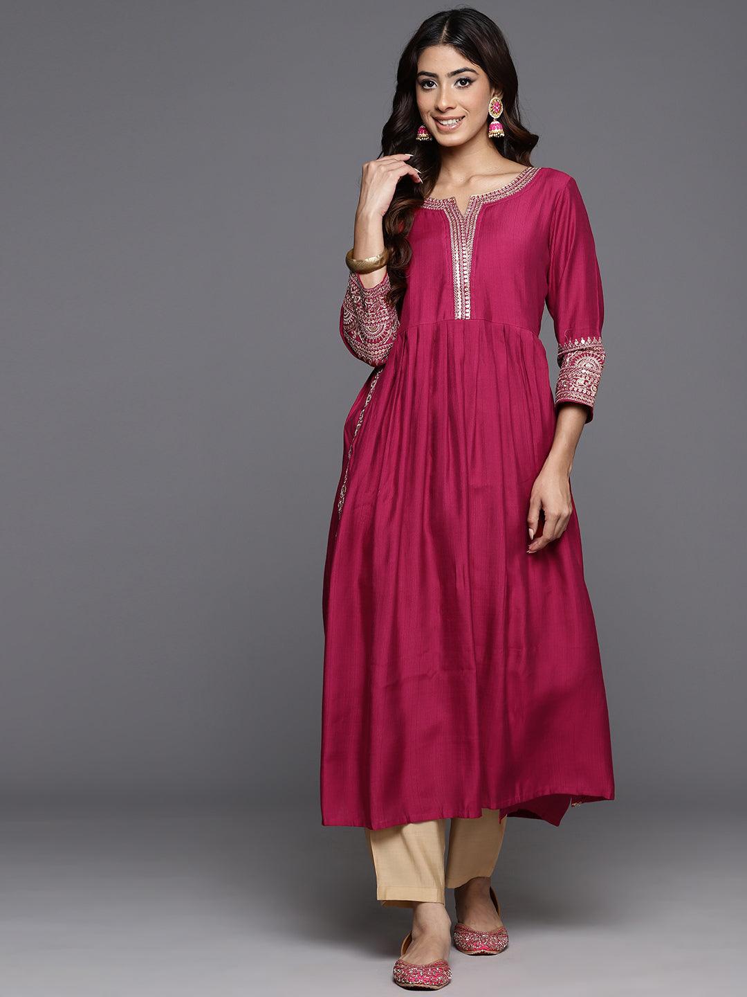 Pink Embellished Silk A-Line Kurta - ShopLibas