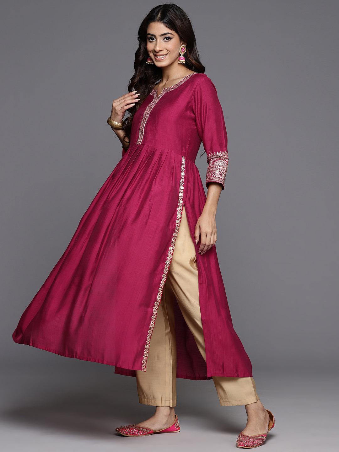Pink Embellished Silk A-Line Kurta - ShopLibas