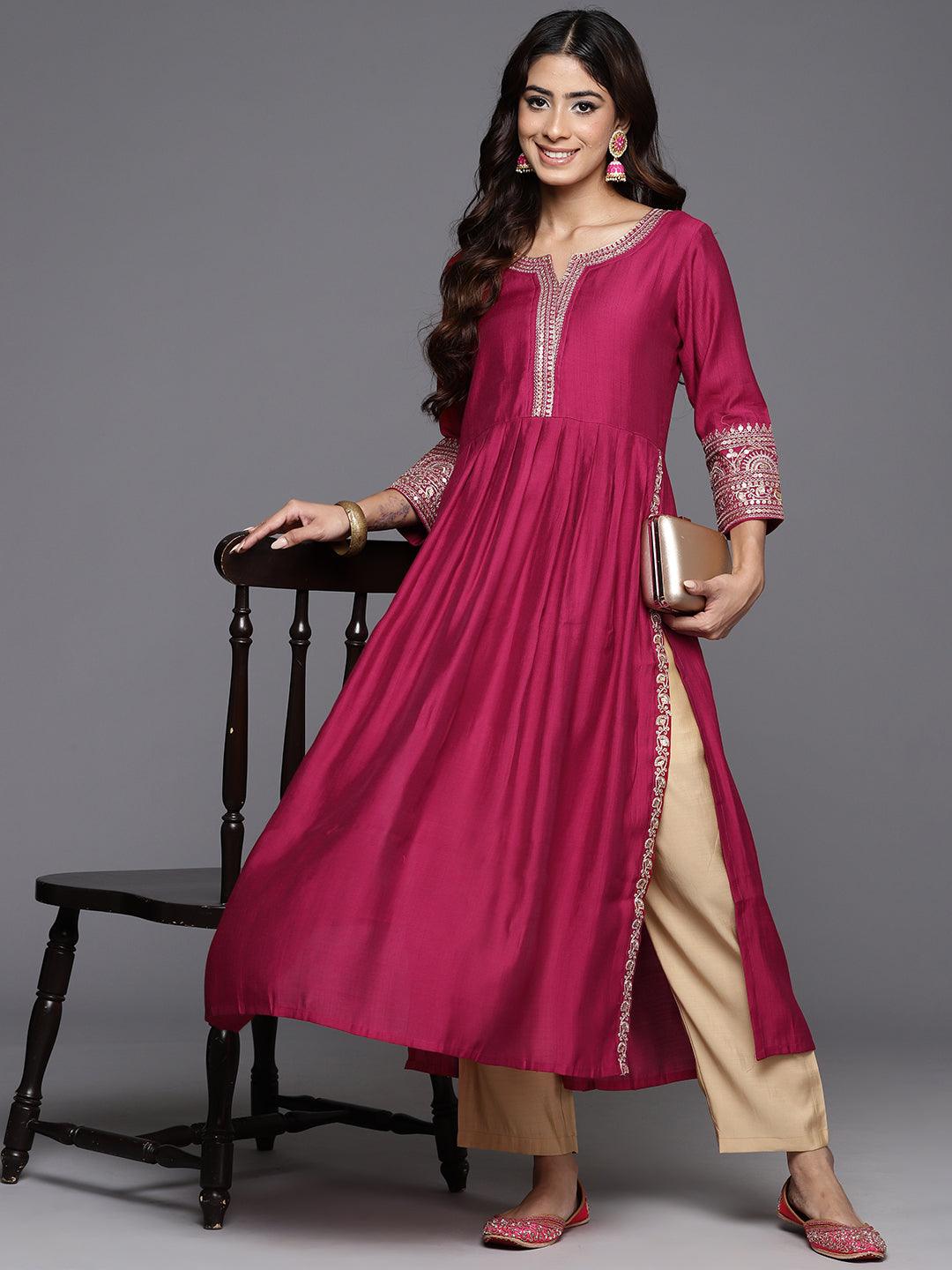Pink Embellished Silk A-Line Kurta - ShopLibas