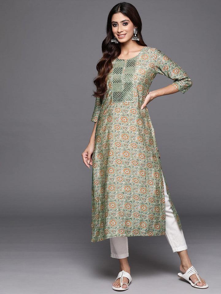 Green Printed Silk Straight Kurta