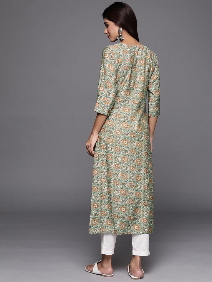 Green Printed Silk Straight Kurta