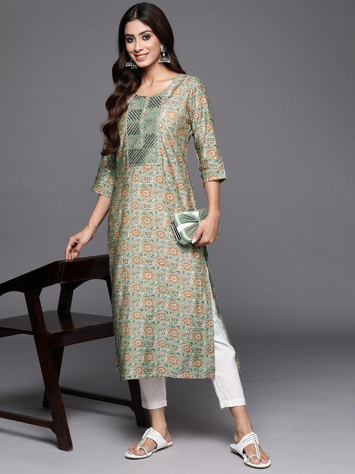 Green Printed Silk Straight Kurta