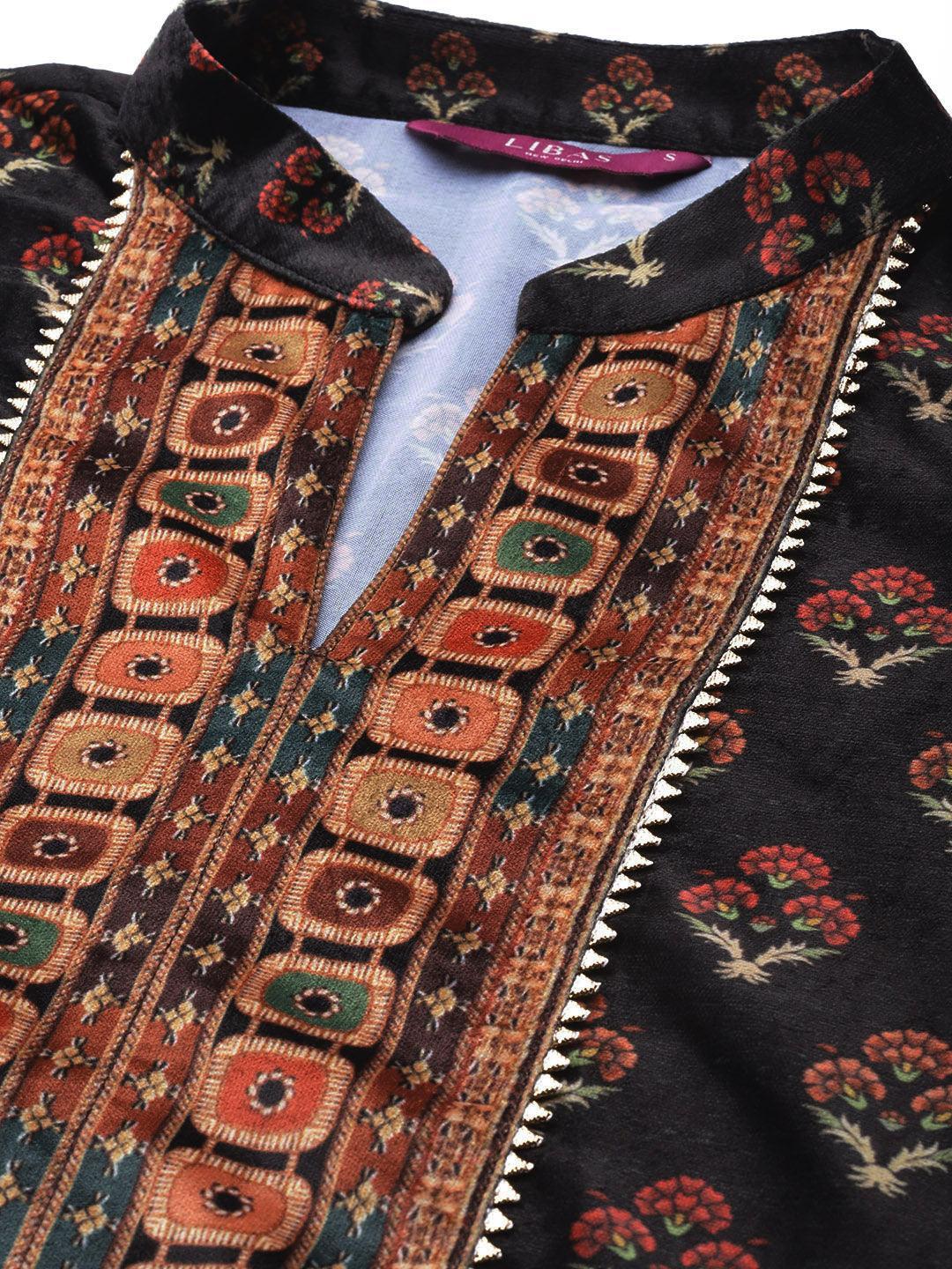 Black Printed Velvet Suit Set - ShopLibas