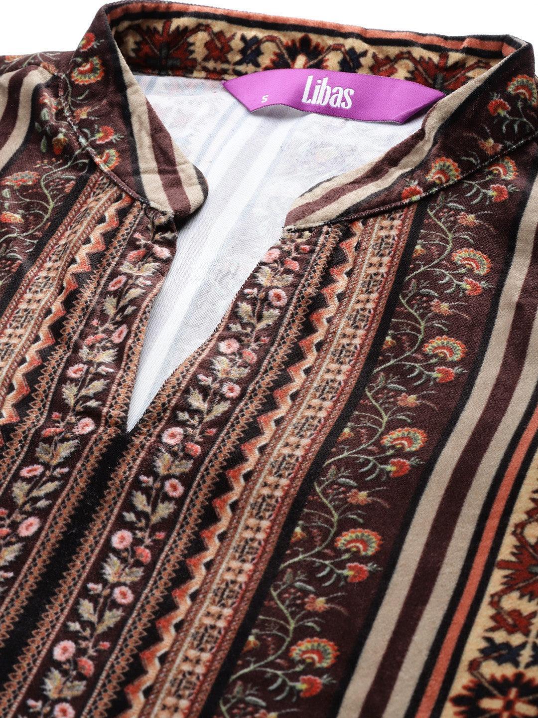 Navy Blue Printed Velvet Suit Set - ShopLibas