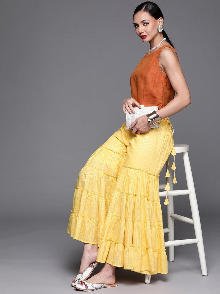 Yellow Self Design Cotton Sharara Pants