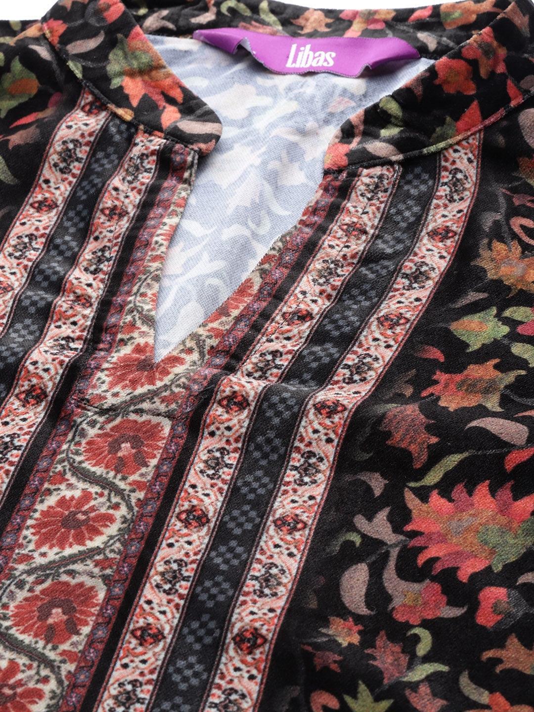 Black Printed Velvet Suit Set - ShopLibas