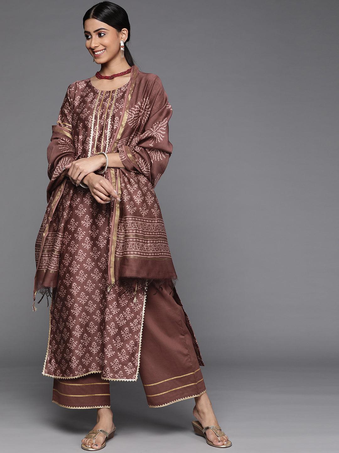 Brown Printed Chanderi Silk Suit Set - ShopLibas