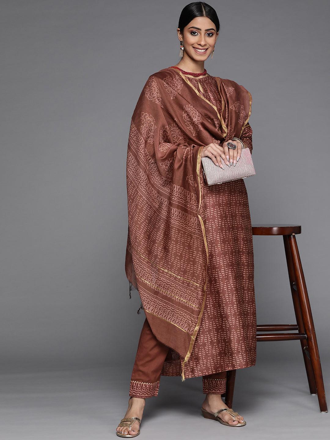 Brown Printed Chanderi Silk Suit Set - ShopLibas