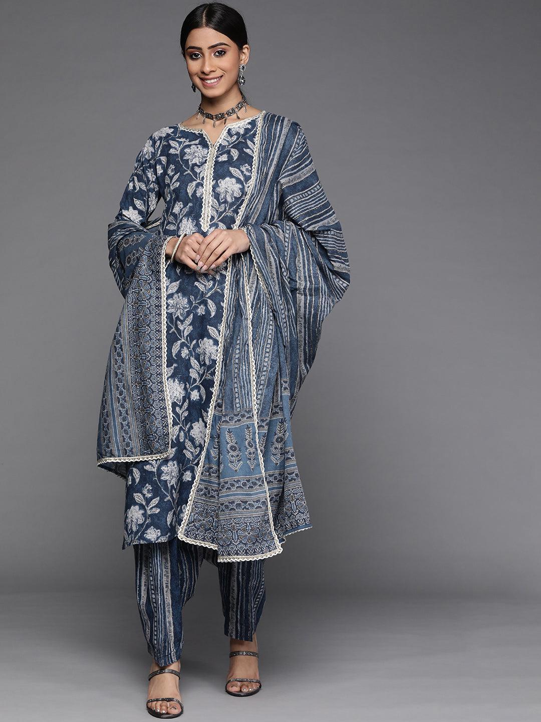 Blue Printed Cotton Suit Set - ShopLibas