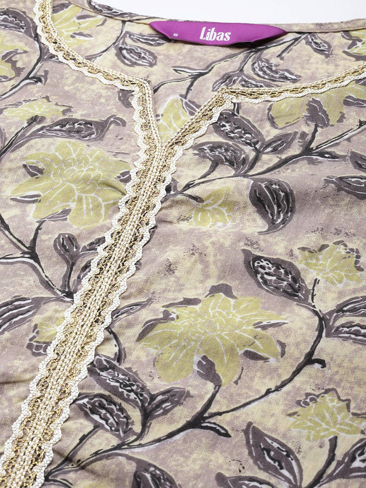 Taupe Printed Cotton Suit Set