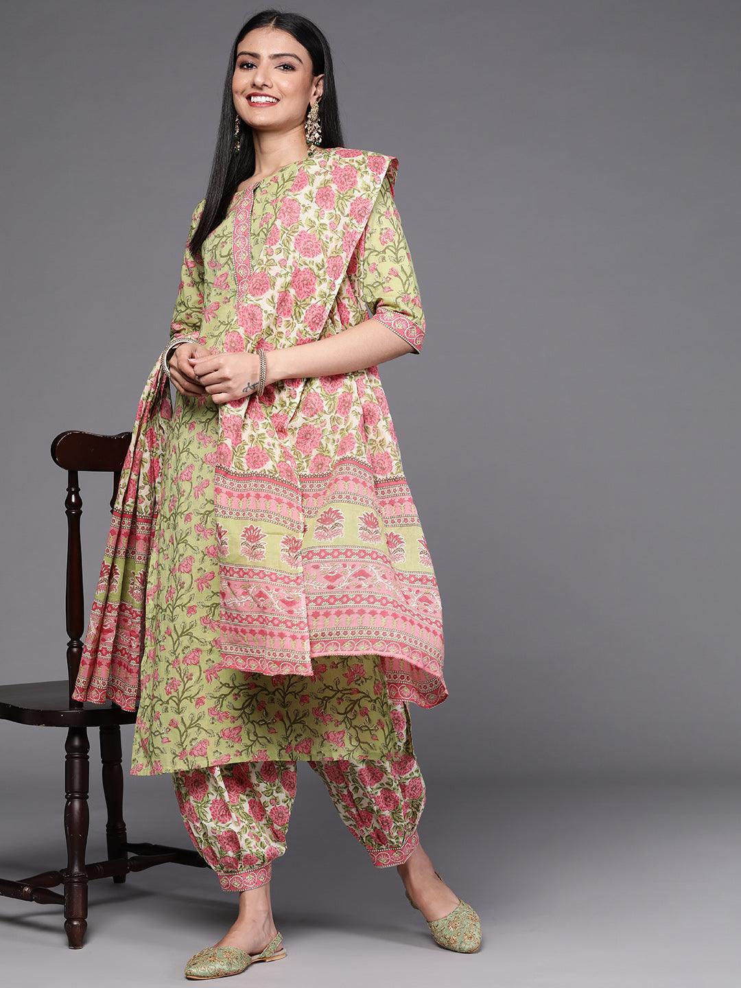 Green Printed Cotton Suit Set - ShopLibas