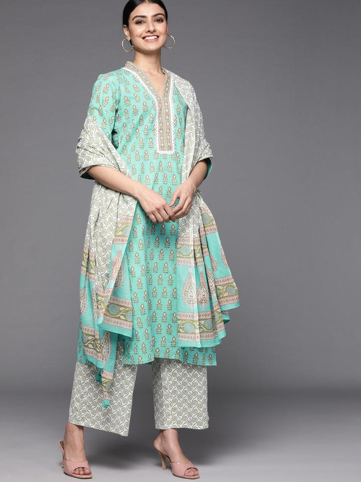Sea Green Printed Cotton Suit Set
