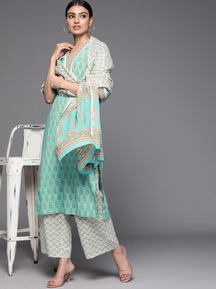 Sea Green Printed Cotton Suit Set