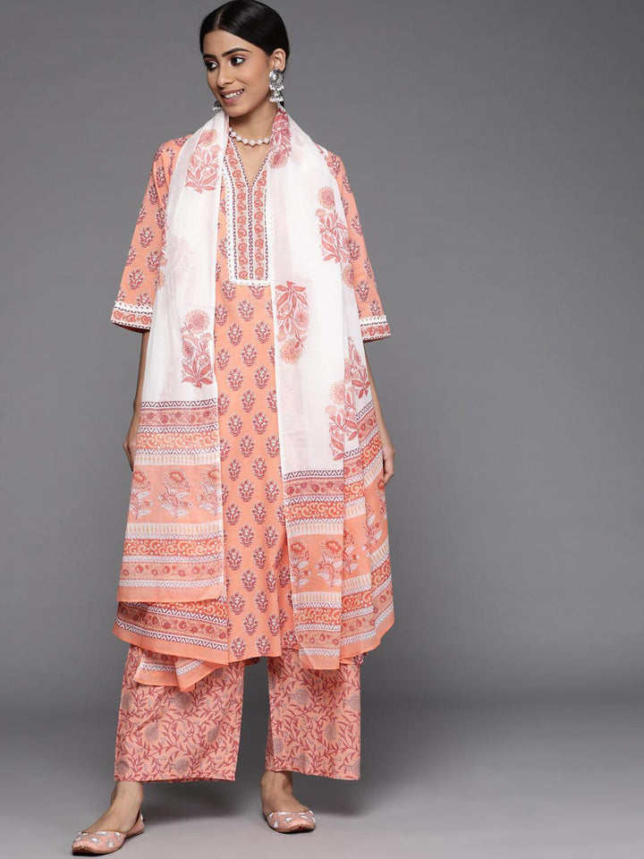 Peach Printed Cotton Suit Set