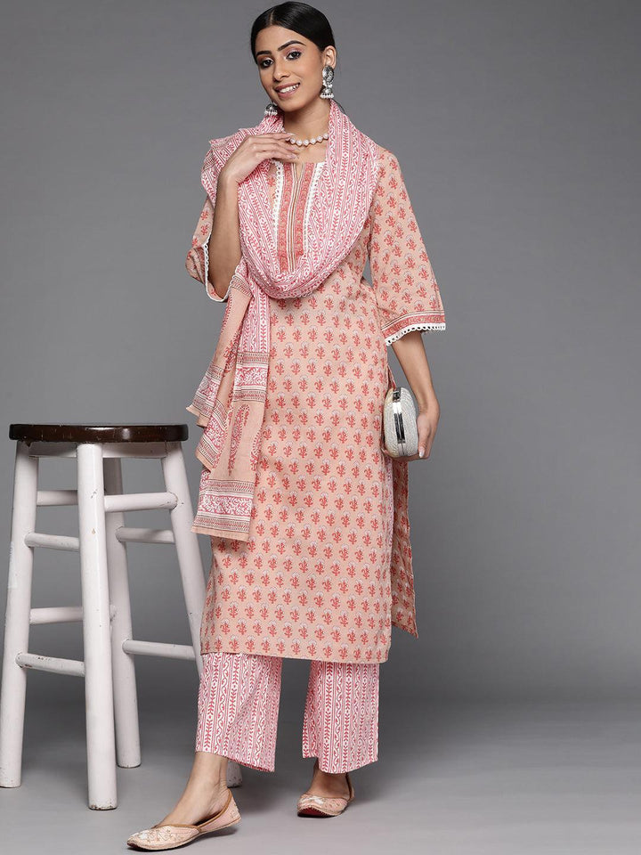 Peach Printed Cotton Suit Set