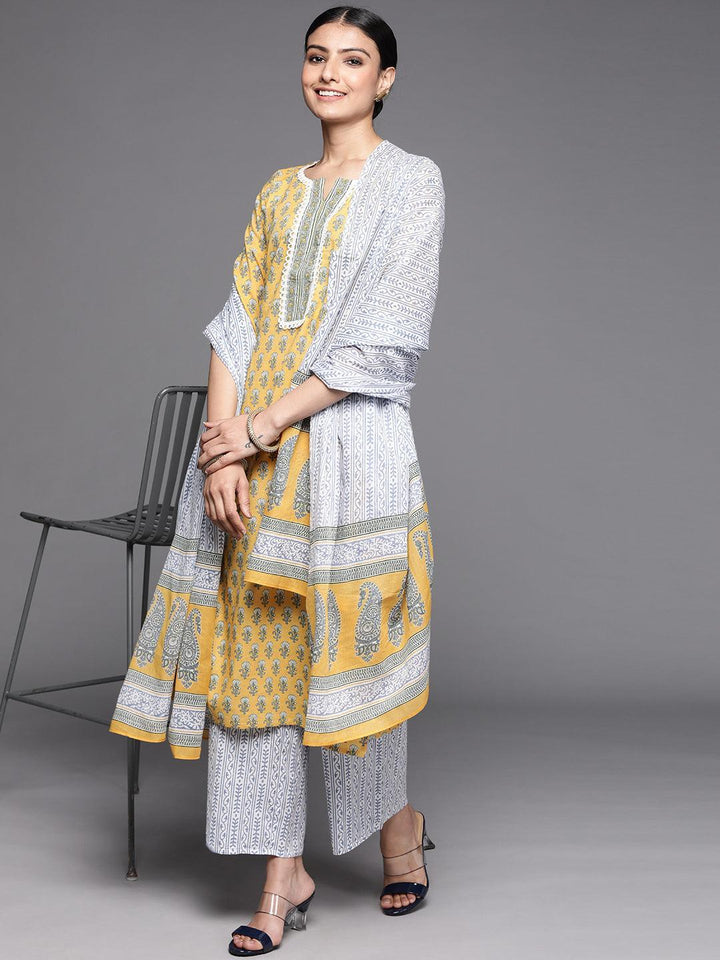 Yellow Printed Cotton Suit Set