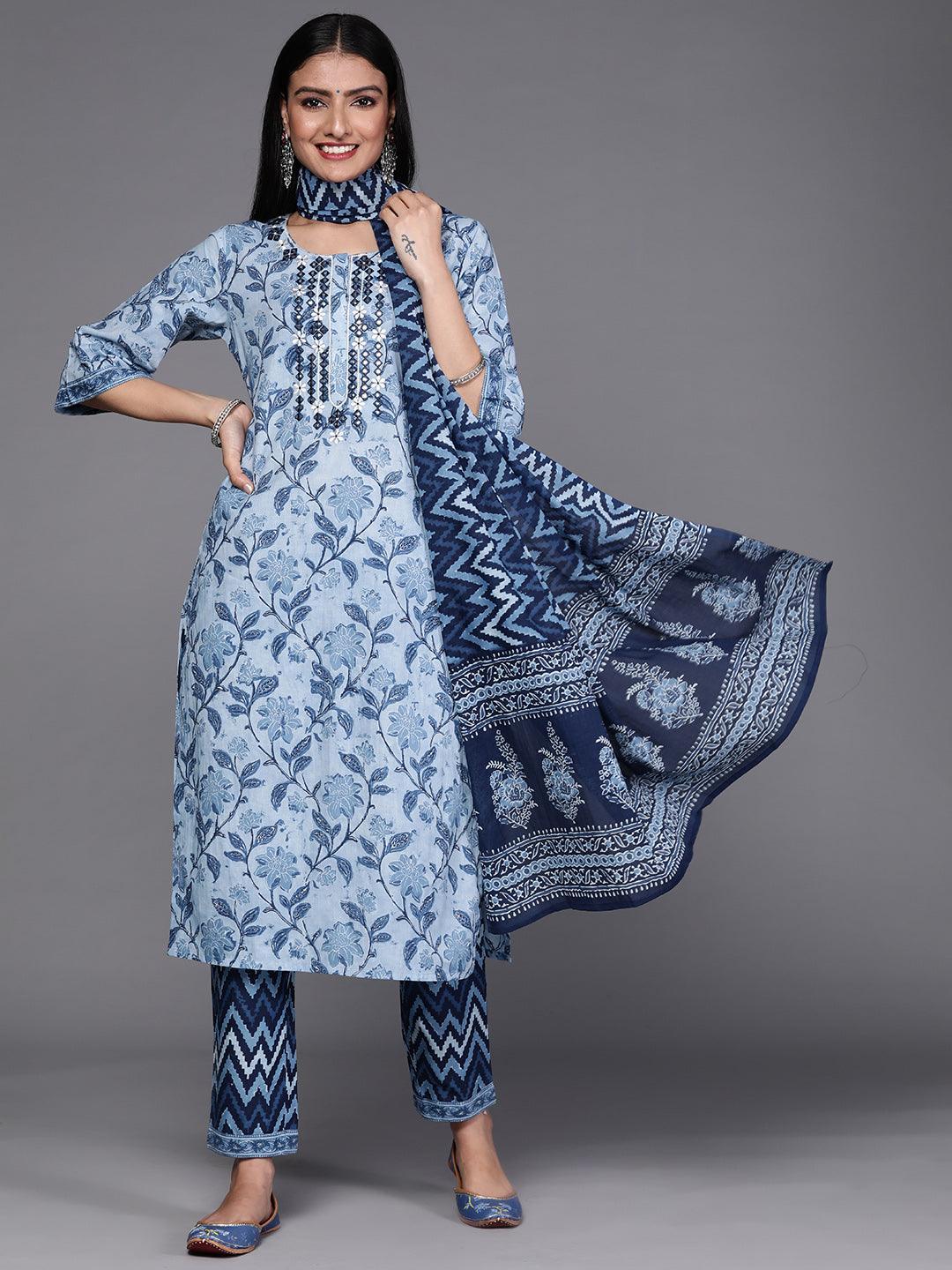 Blue Printed Cotton Suit Set - ShopLibas