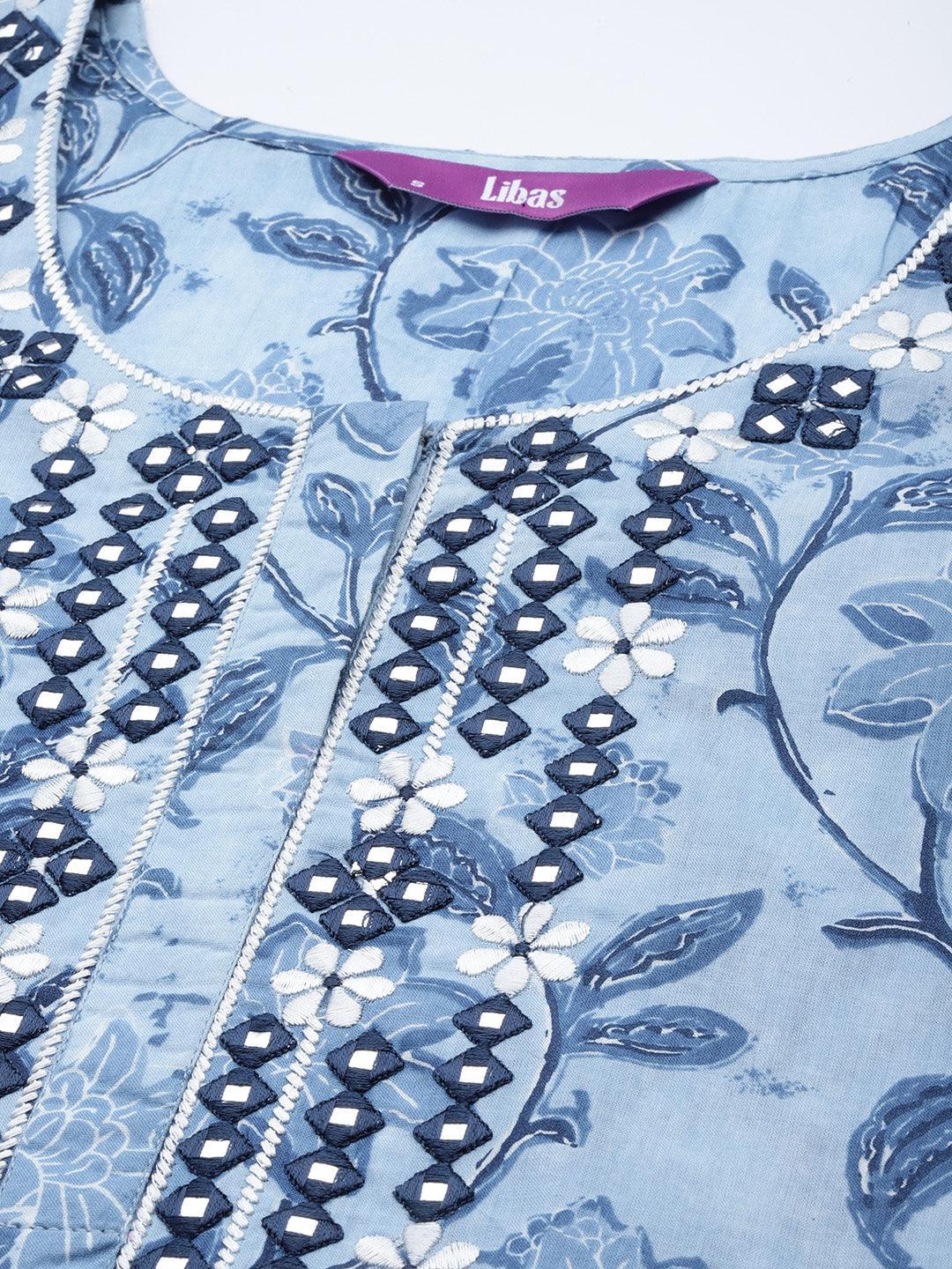 Blue Printed Cotton Suit Set - ShopLibas