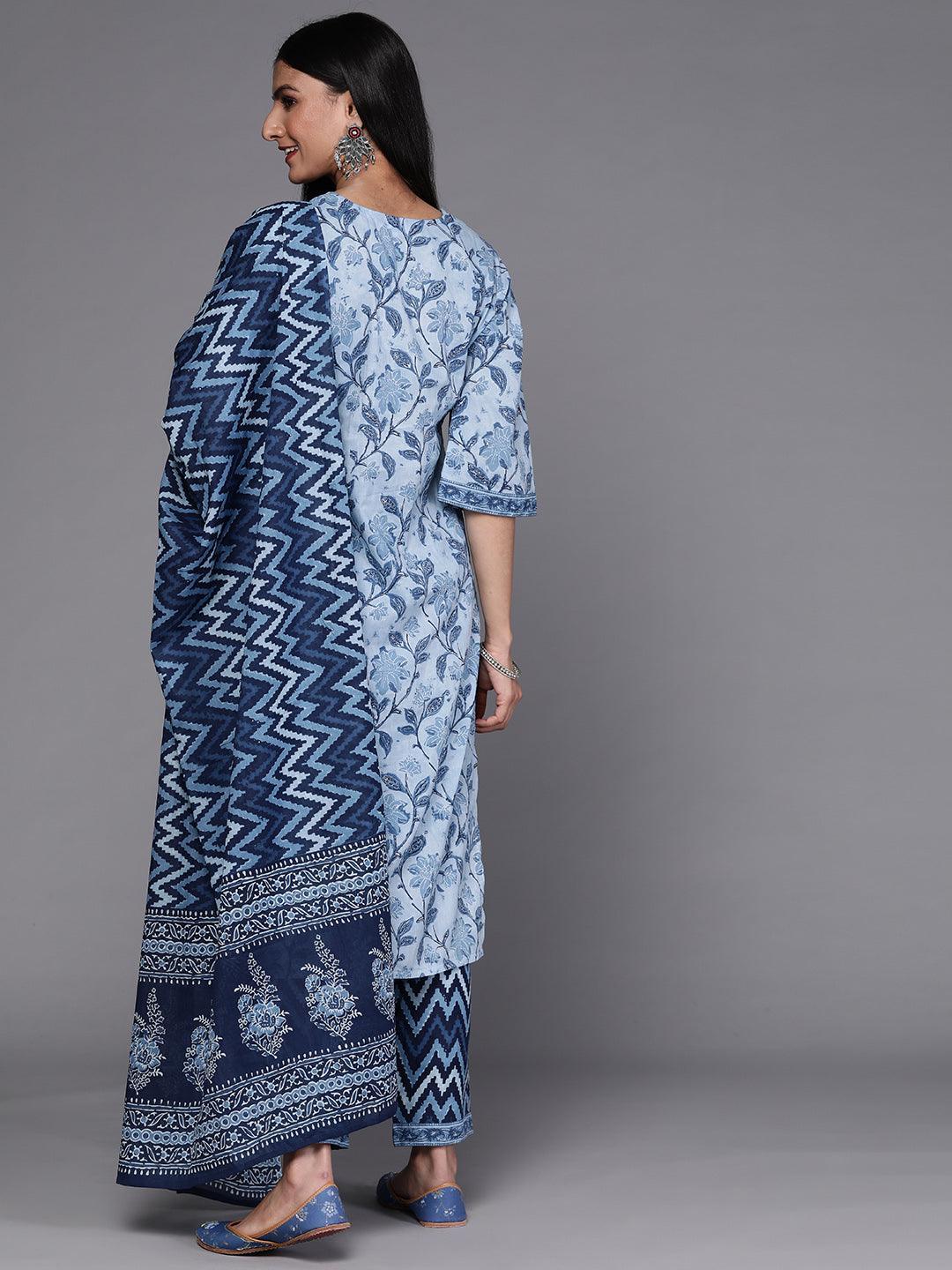 Blue Printed Cotton Suit Set - ShopLibas