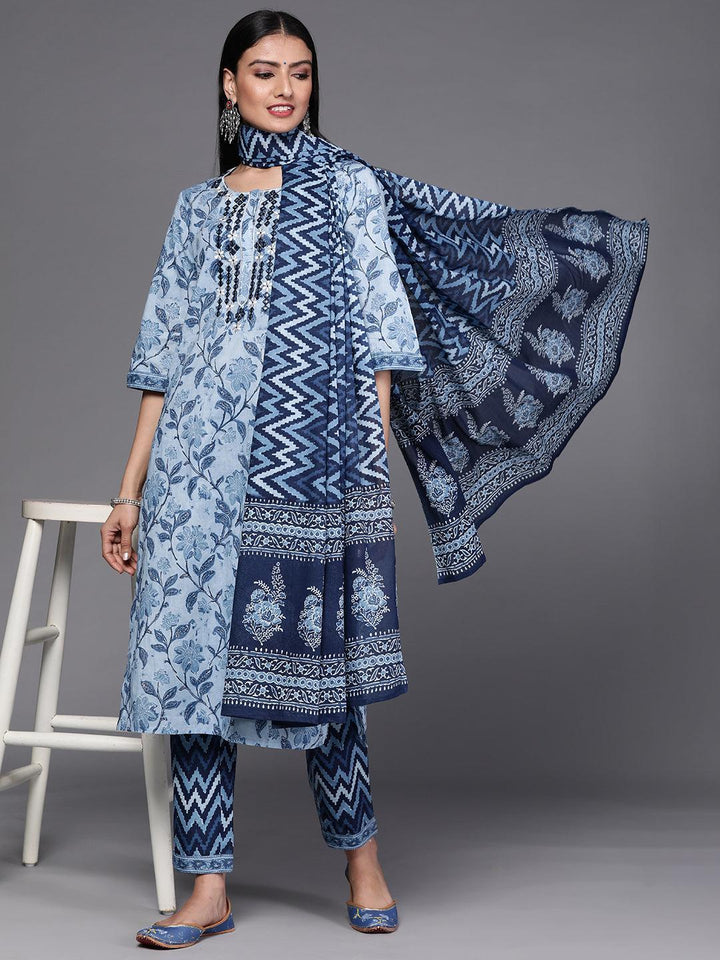 Blue Printed Cotton Suit Set