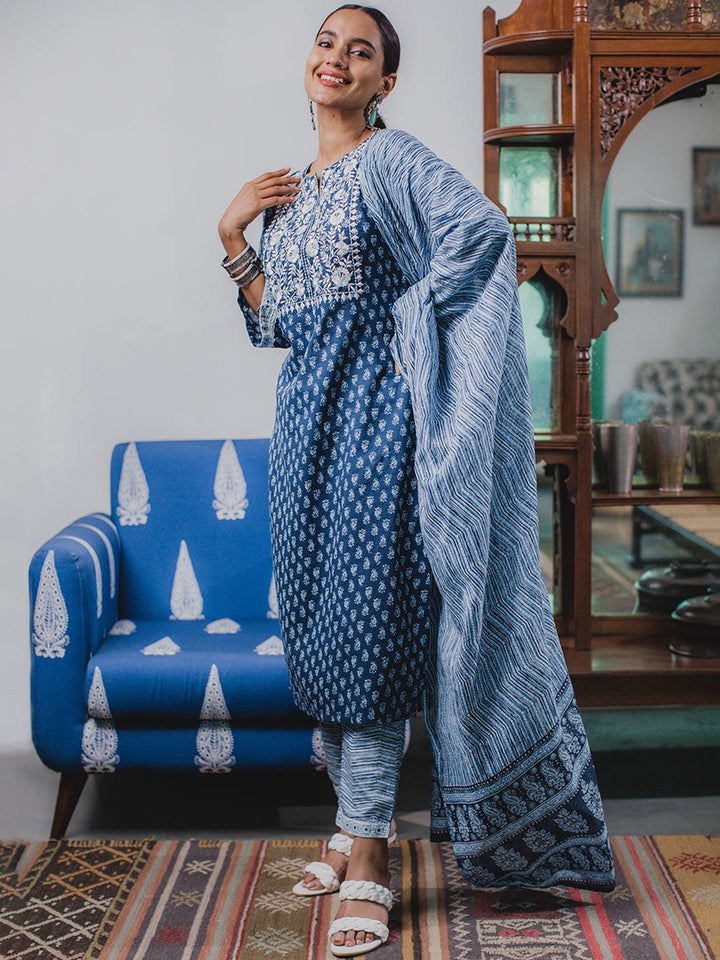 Blue Printed Cotton Suit Set